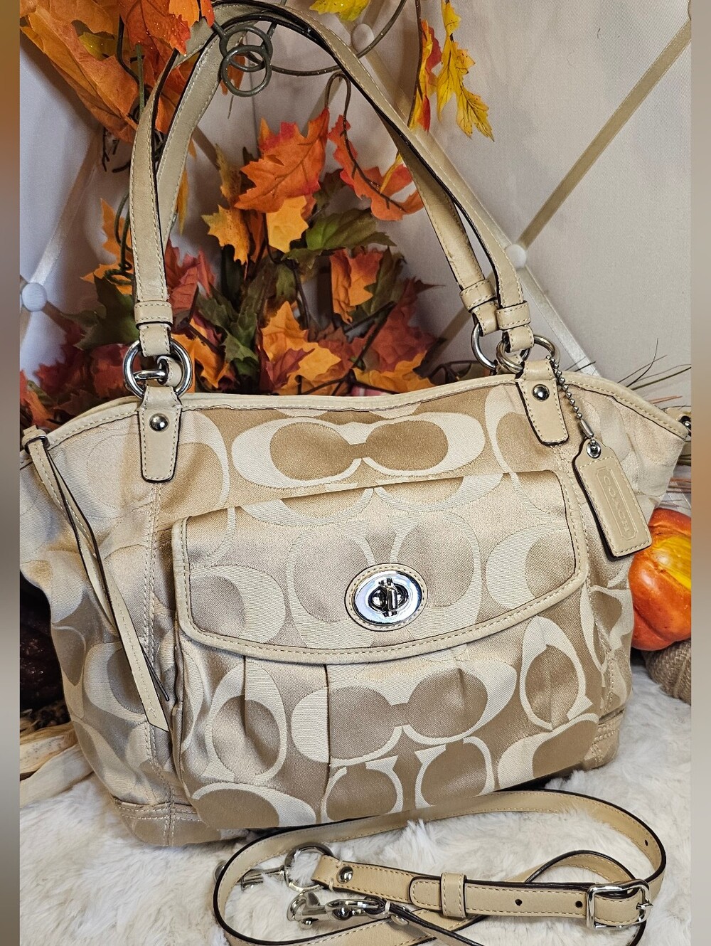 Coach Beige Signature Canvas Shoulder Bag with Detachable Crossbody Strap